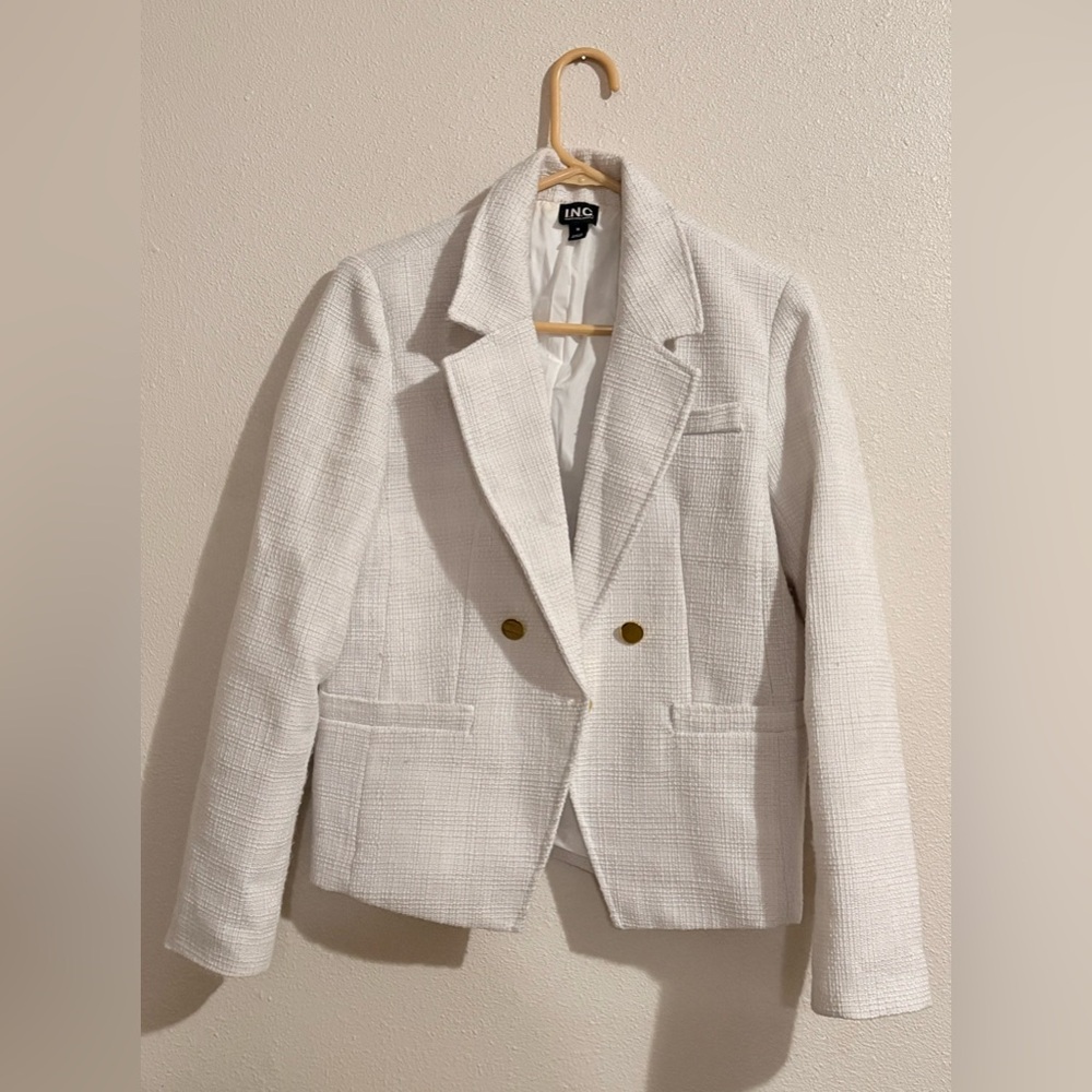 INC International Concepts Medium Women's Cream Textured Long Sleeve Blazer